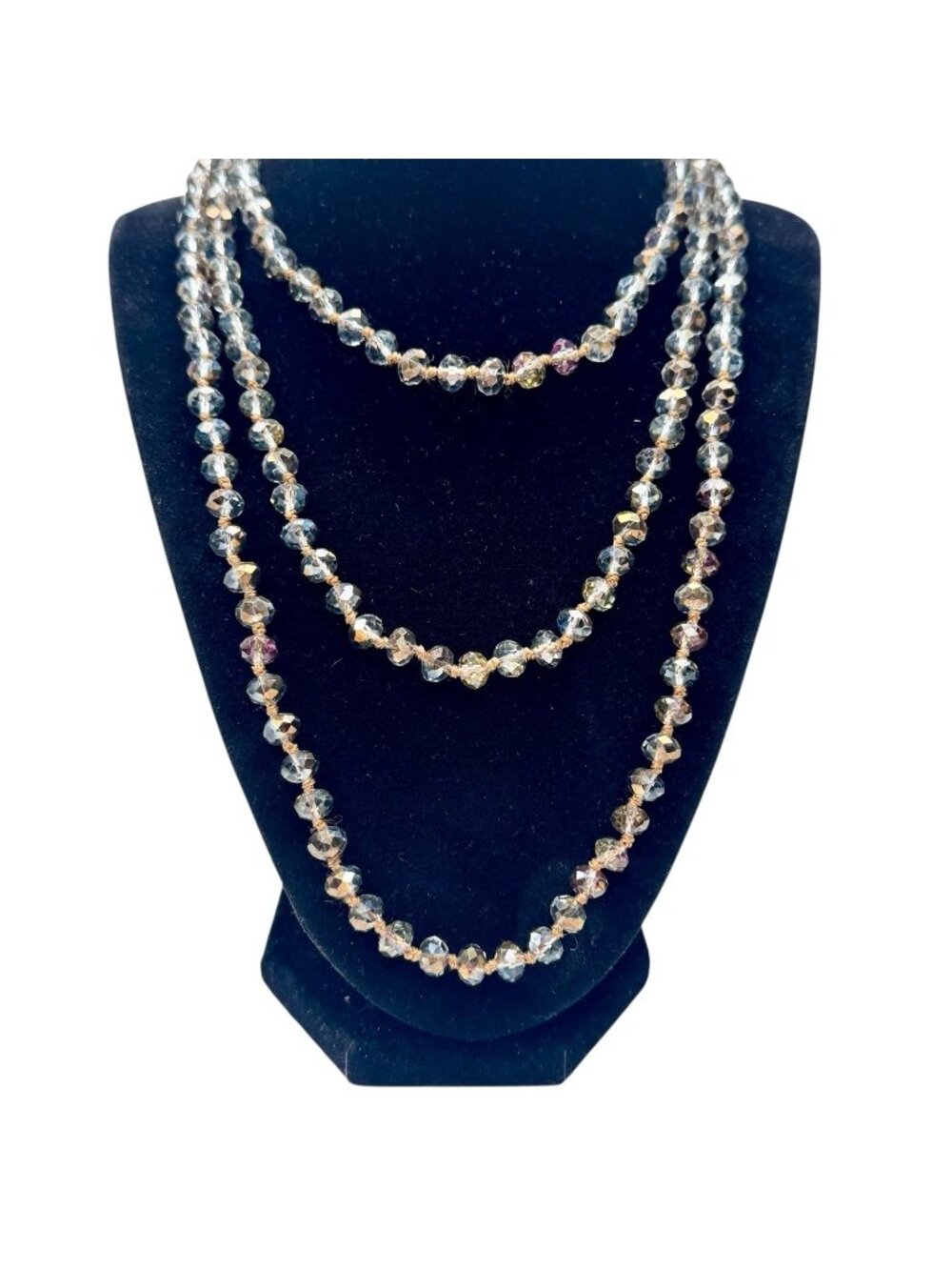 Vintage Crystal Bead Flapper Necklace 58” Hand Knotted Silk Faceted Blue Purple